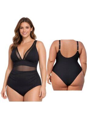 2X Plus size Black Mesh One Piece Swimsuit V Neck Sheer Tummy Control NWT